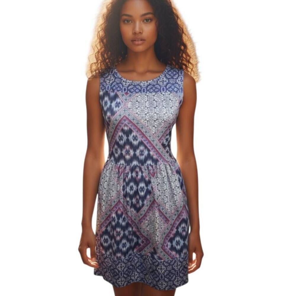 XHILARATION BLUE, PINK, & CREAM FLORAL DESIGN DRESS SZ.M EUC.